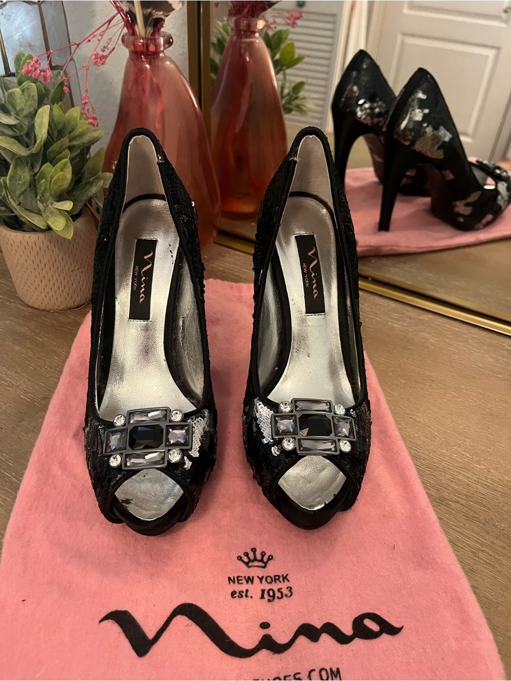 Nina Black Embellished Peep-Toe Pumps